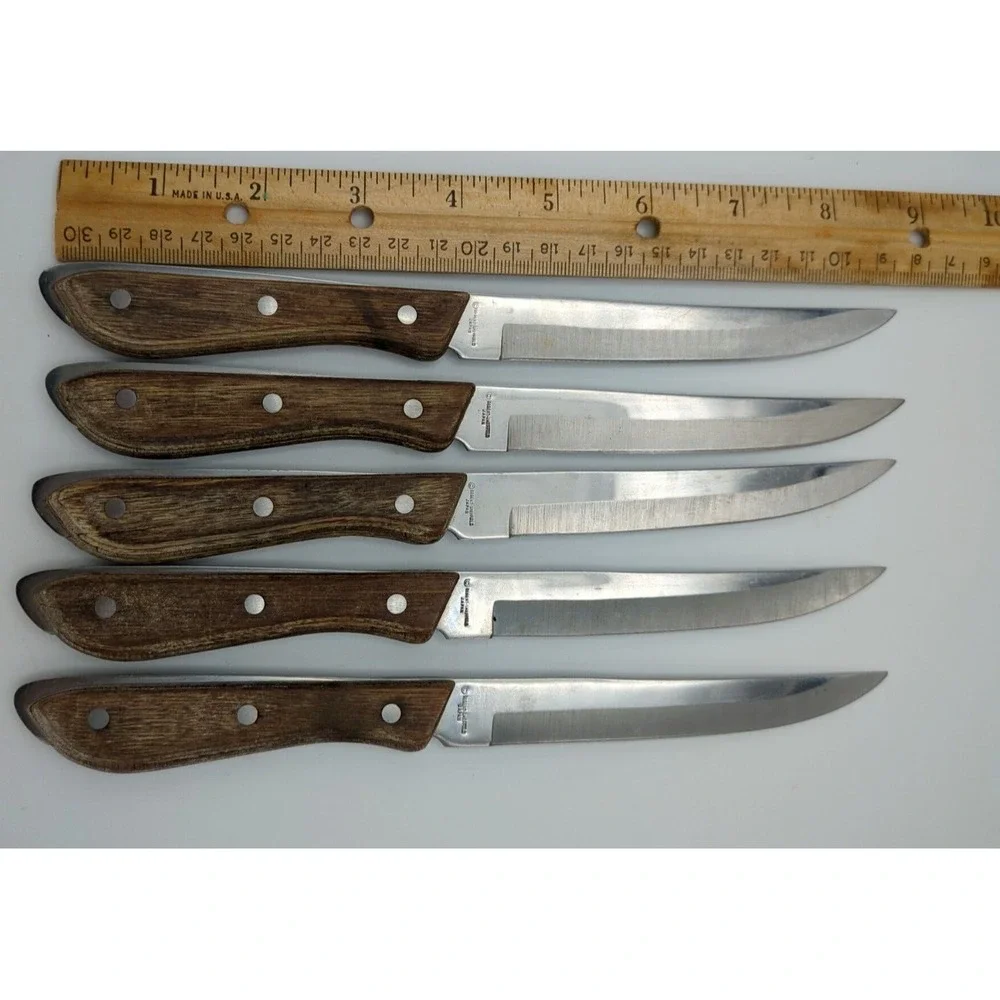 Vtg 5 Regent Swords Lightning Japan SS Steak Knives Full‎ Tang Wood Handle READ